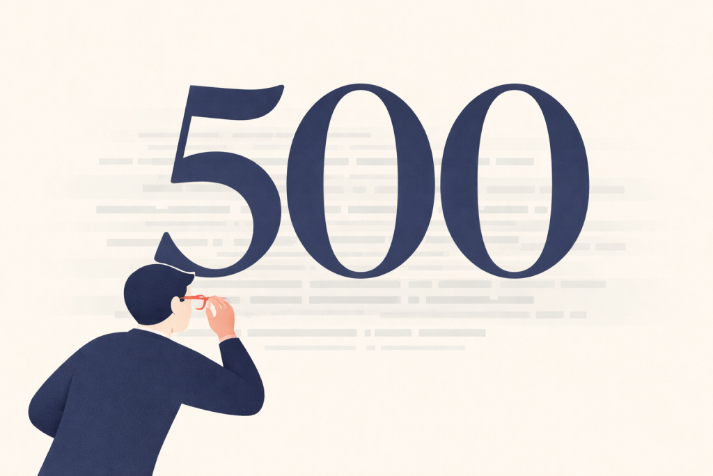 איור של שגיאת 500 בדפדפן עם לוגים של שרת מאחור ומפתח שקורא אותם — סמל לאבחון שגיאת 500 בוורדפרס