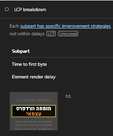 דוח המדידה מסמן את כותרת ה-H1 כרכיב ה-LCP, עם render-delay גדול ולא טעינת תמונה